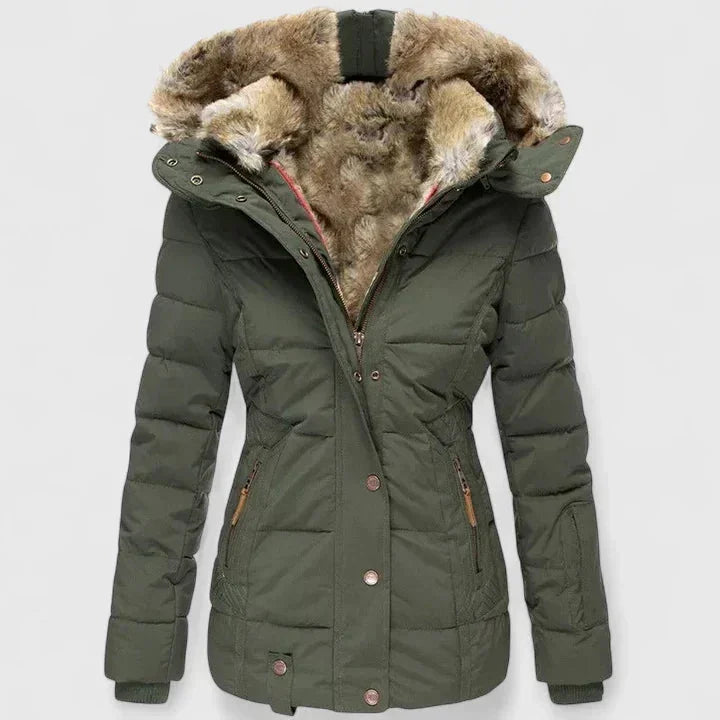 Green Women's Quilted Winter Coat with Faux Fur Hood & Relaxed Fit