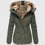 Green Women's Quilted Winter Coat with Faux Fur Hood & Relaxed Fit