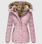 Pink Women's Quilted Winter Coat with Faux Fur Hood & Relaxed Fit