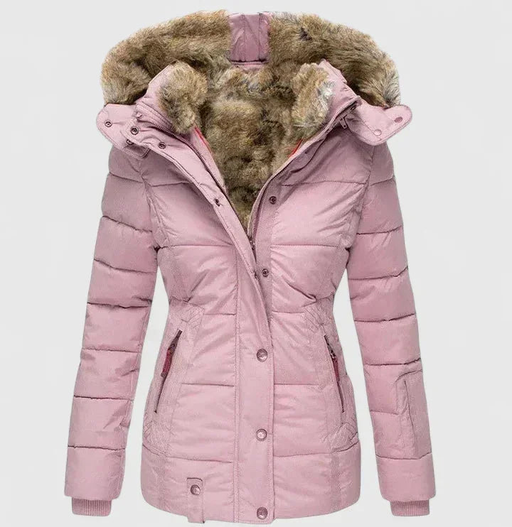 Pink Women's Quilted Winter Coat with Faux Fur Hood & Relaxed Fit