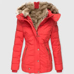 Red Women's Quilted Winter Coat with Faux Fur Hood & Relaxed Fit