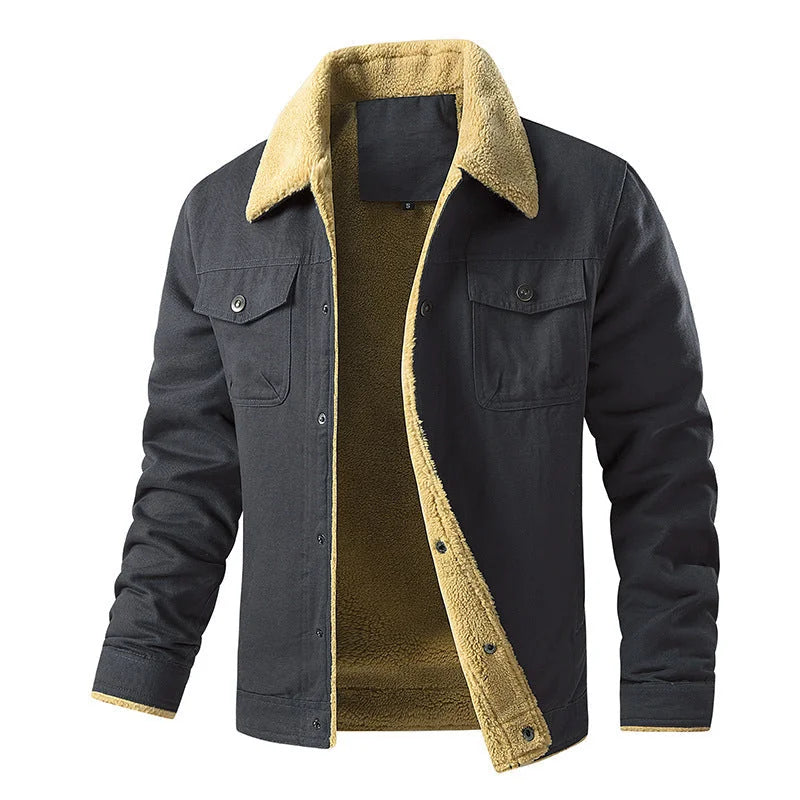 Men's Quilted Jacket with Faux Fur Collar & Chest Pockets - Front Open Charcoal