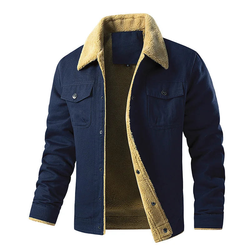 Men's Quilted Jacket with Faux Fur Collar & Chest Pockets - Front Open Navy