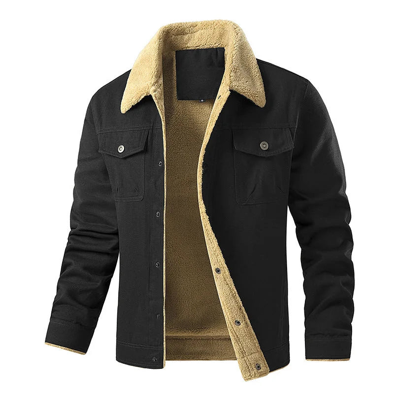Black Men's Quilted Jacket with Faux Fur Collar & Chest Pockets - Front Open