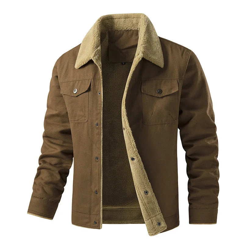 Men's Quilted Jacket with Faux Fur Collar & Chest Pockets - Tone Front Open Brown