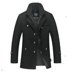 Black Men's Quilted Wool Coat with Stand Collar & Zip Front