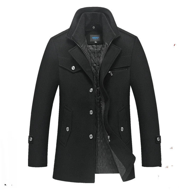 Black Men's Quilted Wool Coat with Stand Collar & Zip Front