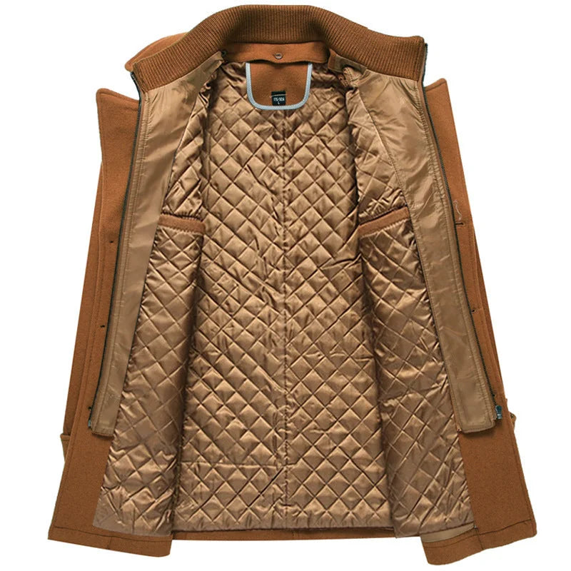 Men's Quilted Wool Coat with Stand Collar & Zip Front - Lining Flat Lay