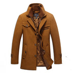 Camel Men's Quilted Wool Coat with Stand Collar & Zip Front