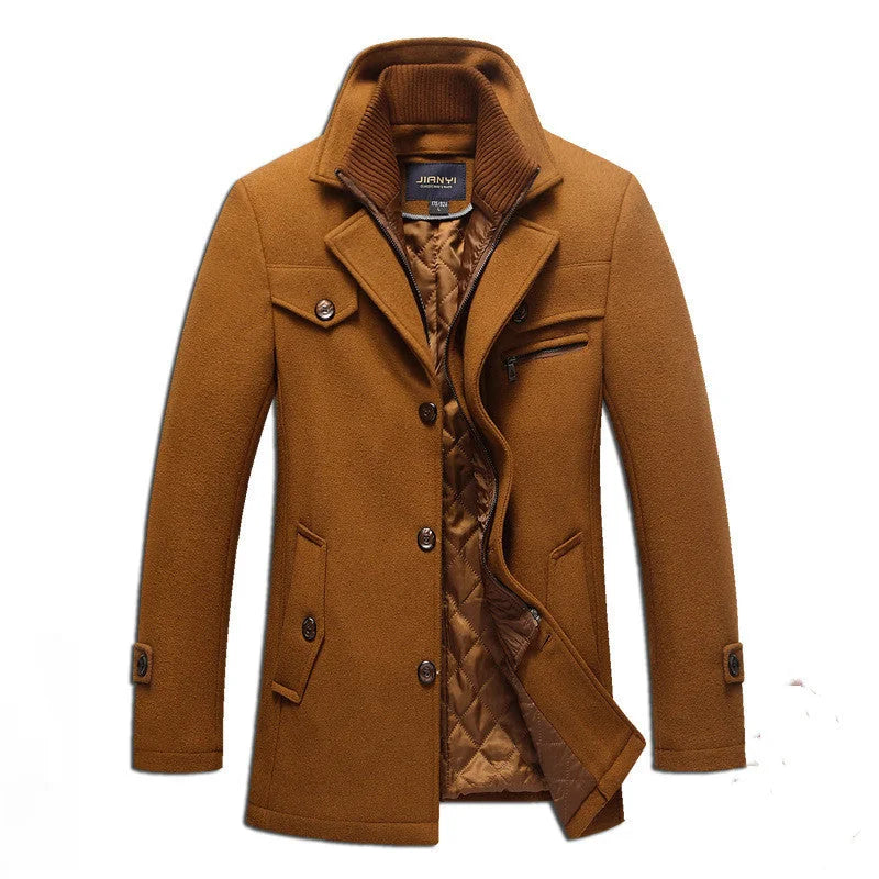 Camel Men's Quilted Wool Coat with Stand Collar & Zip Front