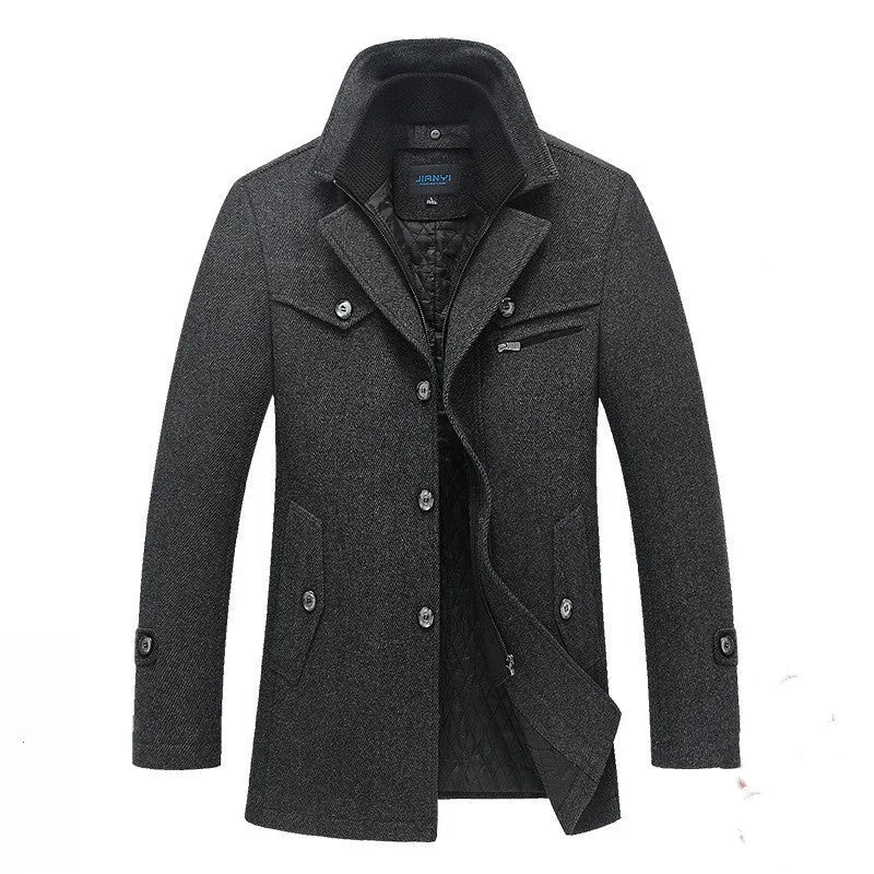 Dark Grey Men's Quilted Wool Coat with Stand Collar & Zip Front
