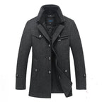 Dark Grey Men's Quilted Wool Coat with Stand Collar & Zip Front