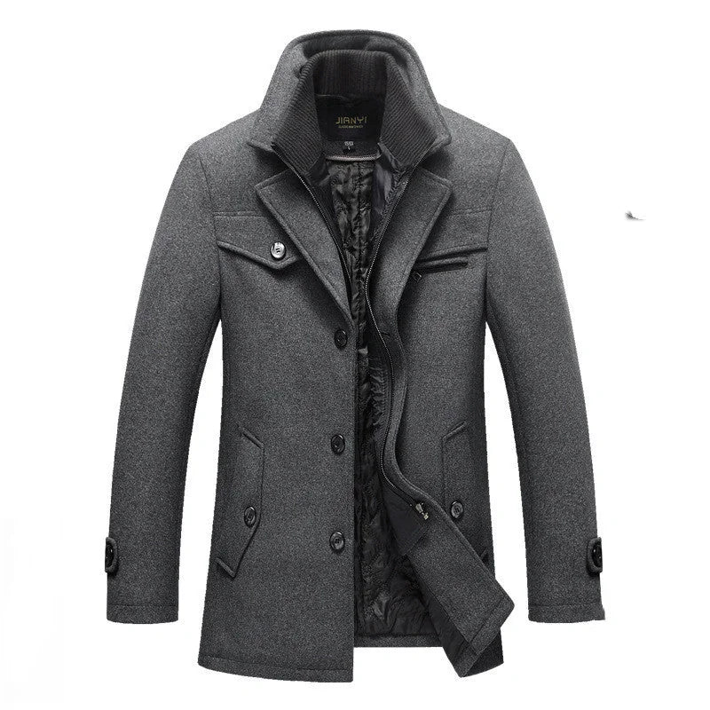 Grey Men's Quilted Wool Coat with Stand Collar & Zip Front