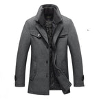 Grey Men's Quilted Wool Coat with Stand Collar & Zip Front