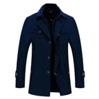Navy Blue Men's Quilted Wool Coat with Stand Collar & Zip Front
