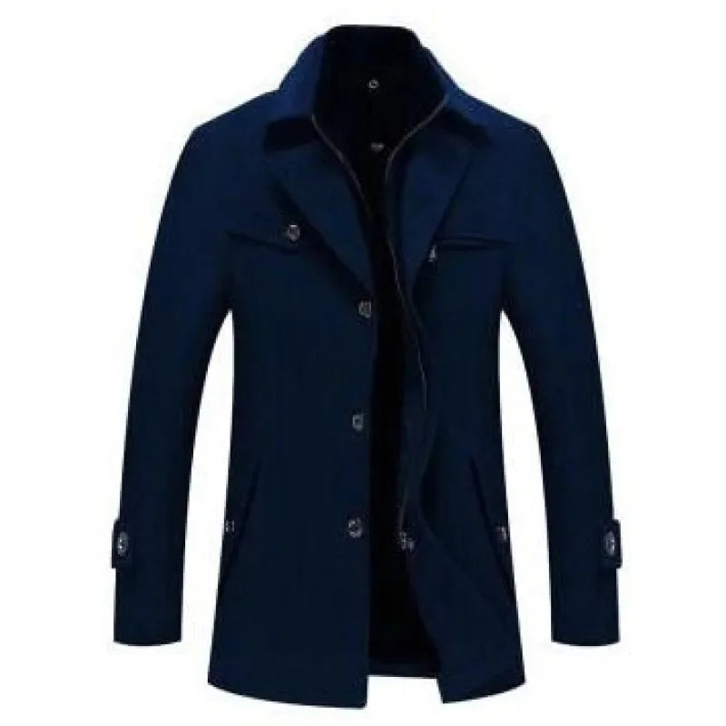 Navy Blue Men's Quilted Wool Coat with Stand Collar & Zip Front
