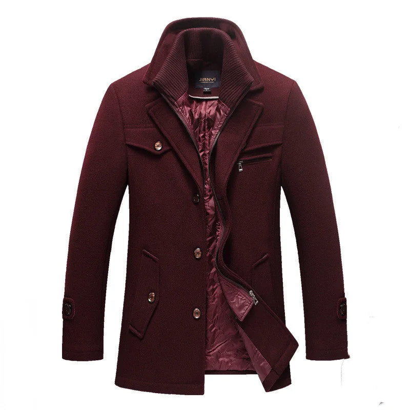 Wine Red Men's Quilted Wool Coat with Stand Collar & Zip Front