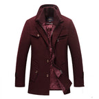 Wine Red Men's Quilted Wool Coat with Stand Collar & Zip Front