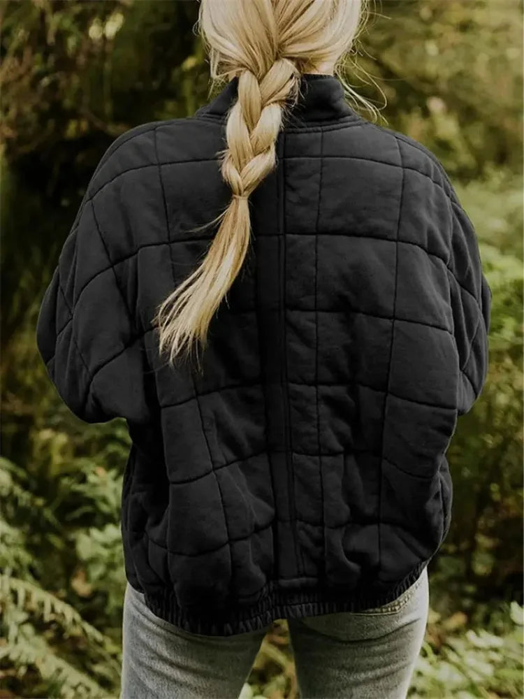 Women's Quilted Jacket with Zip Pockets & Relaxed Fit - Back Pose
