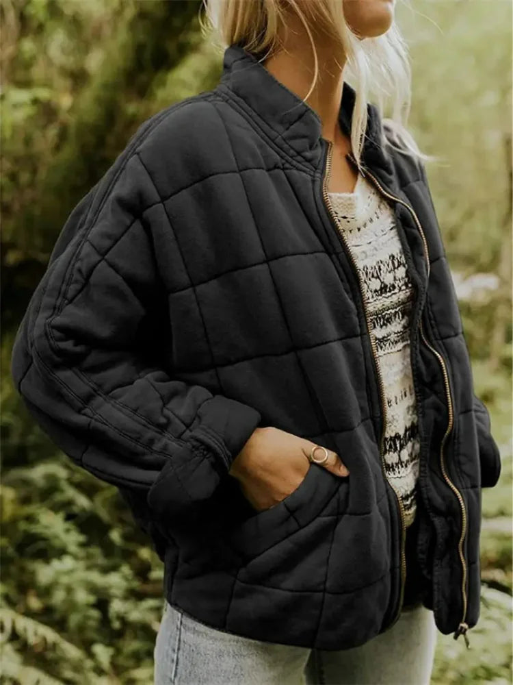 Black Women's Quilted Jacket with Zip Pockets & Relaxed Fit