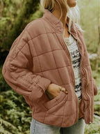Brown Women's Quilted Jacket with Zip Pockets & Relaxed Fit