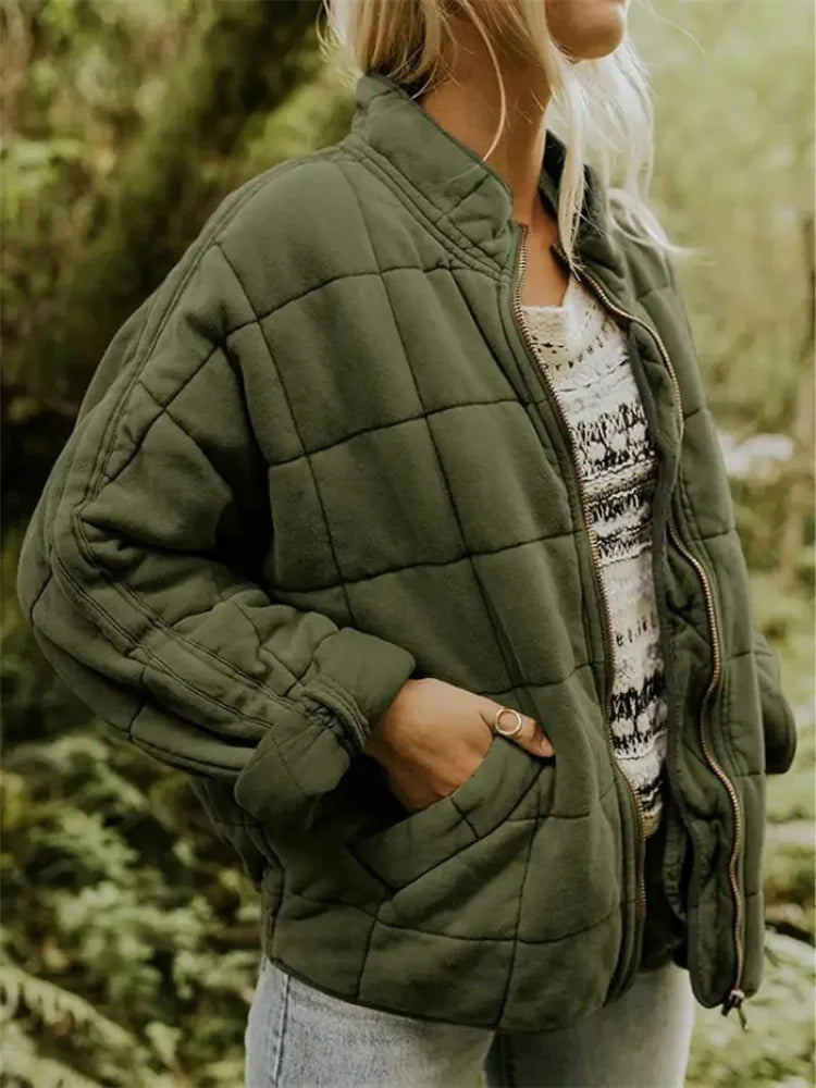 Green Women's Quilted Jacket with Zip Pockets & Relaxed Fit