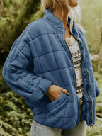 Dark Blue Women's Quilted Jacket with Zip Pockets & Relaxed Fit - Front Detail