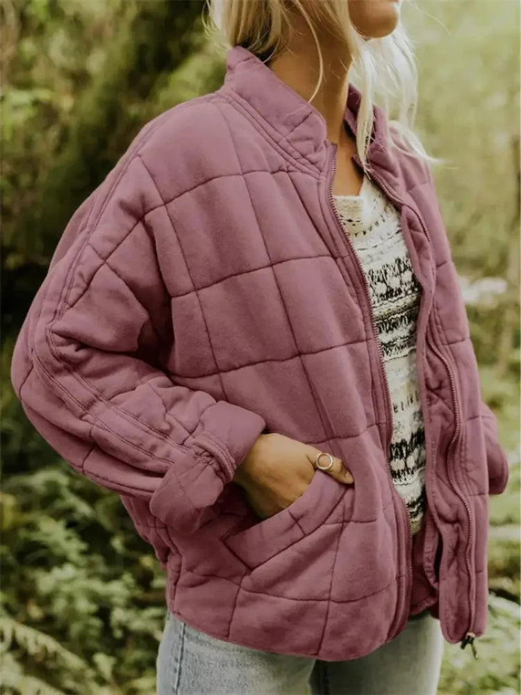 Pink Women's Quilted Jacket with Zip Pockets & Relaxed Fit — Delilah