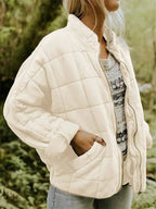White Women's Quilted Jacket with Zip Pockets & Relaxed Fit - Front Studio