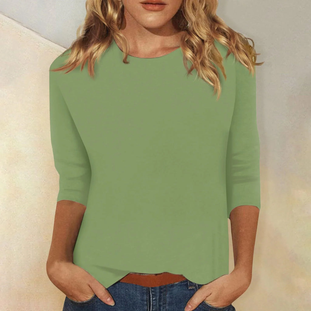 Green Women's Casual Top with Crew Neck & Three-Quarter Sleeves