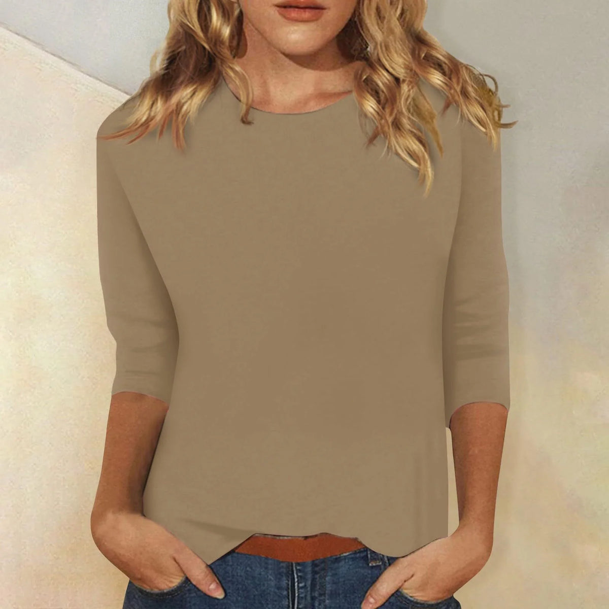 Grey Women's Casual Top with Crew Neck & Three-Quarter Sleeves — Yvette - Front Neutral