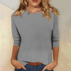 Grey Women's Casual Top with Crew Neck & Three-Quarter Sleeves