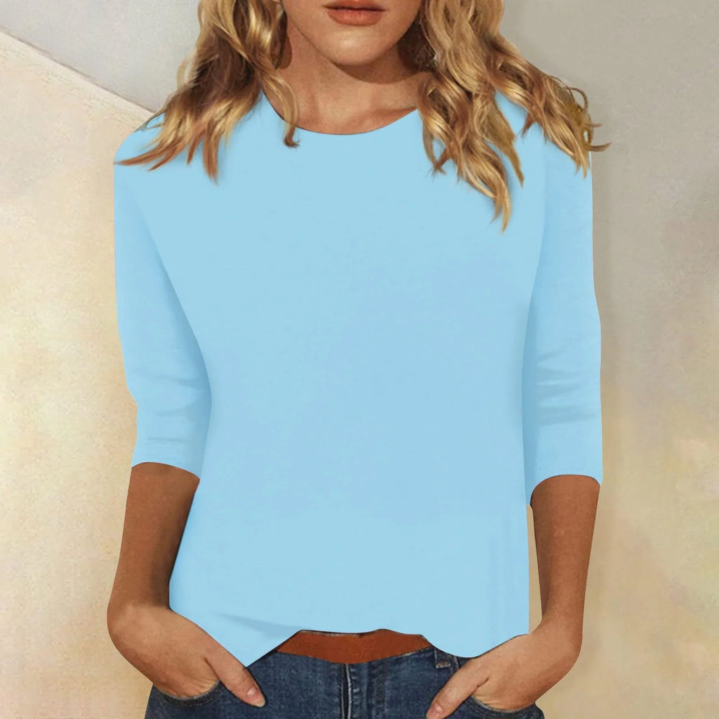 Light Blue Women's Casual Top with Crew Neck & Three-Quarter Sleeves