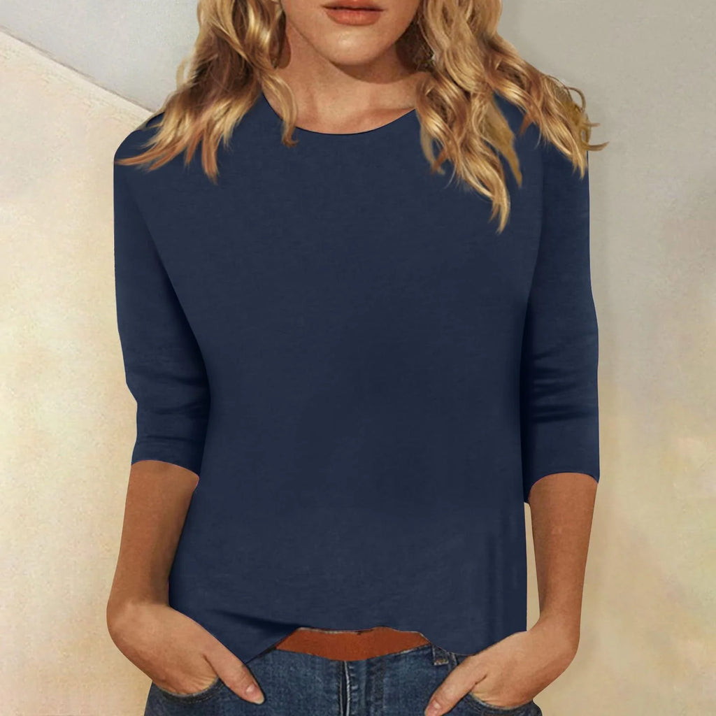 Navy Blue Women's Casual Top with Crew Neck & Three-Quarter Sleeves - Front Casual