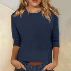Navy Blue Women's Casual Top with Crew Neck & Three-Quarter Sleeves - Front Casual