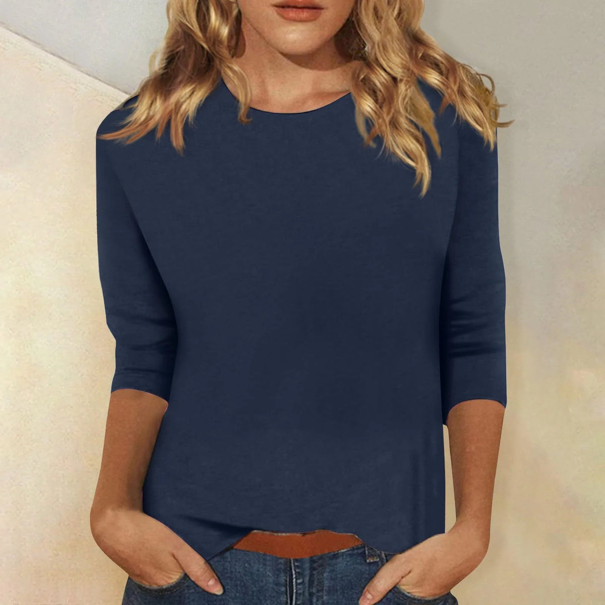 Navy Blue Women's Casual Top with Crew Neck & Three-Quarter Sleeves - Front Casual