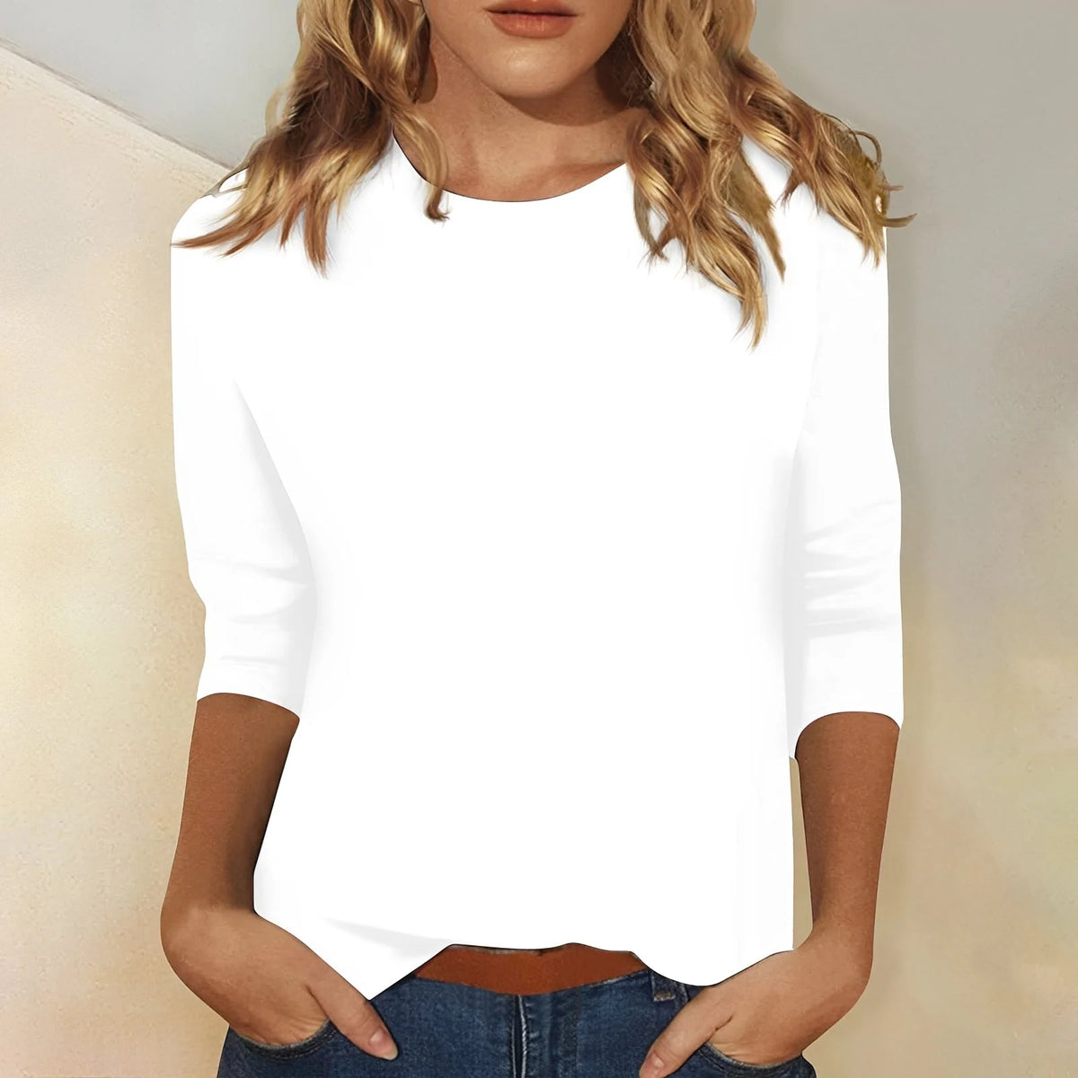White Women's Casual Top with Crew Neck & Three-Quarter Sleeves - Front Full
