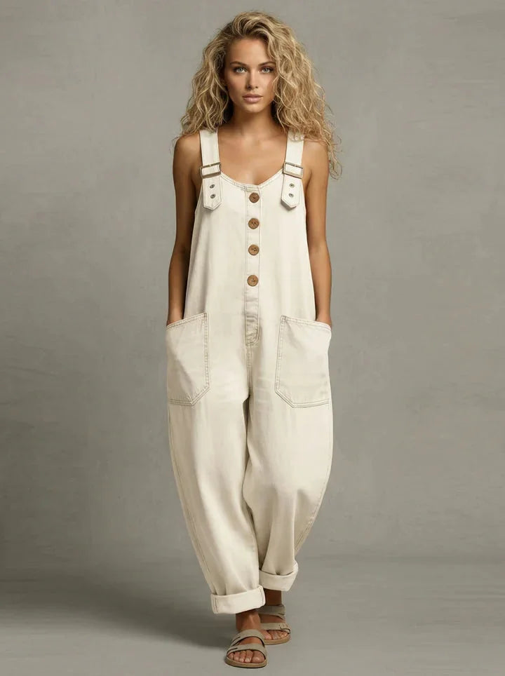 Beige Women's Relaxed Denim Jumpsuit — Natalie Stonewashed Button-Front Wide-Leg - Studio Front