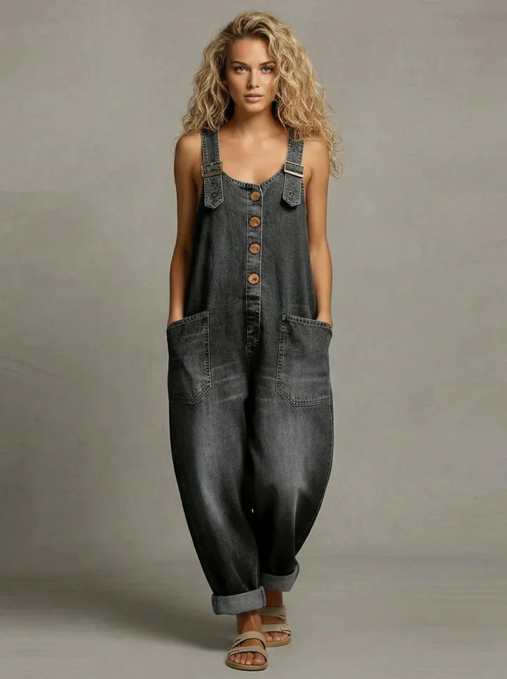 Black Women's Relaxed Denim Jumpsuit — Natalie Stonewashed Button-Front Wide-Leg - Front Stance