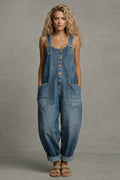 Women's Relaxed Denim Jumpsuit — Natalie Stonewashed Button-Front Wide-Leg
