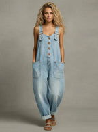 Sky Blue Women's Relaxed Denim Jumpsuit — Natalie Stonewashed Button-Front Wide-Leg - Front Pose