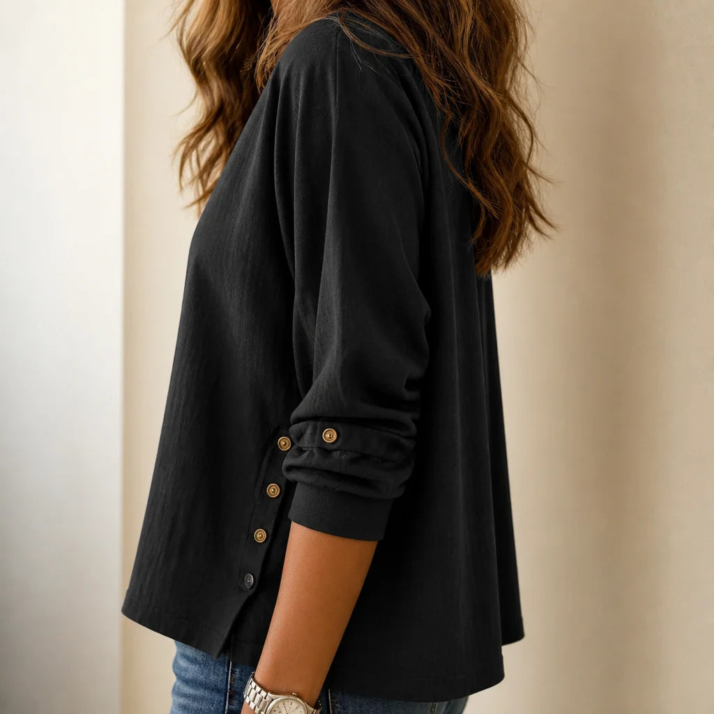 Black Women's Relaxed-Fit Linen Blend Top with Side-Button Detail & Roll-Tab Sleeves