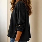 Black Women's Relaxed-Fit Linen Blend Top with Side-Button Detail & Roll-Tab Sleeves