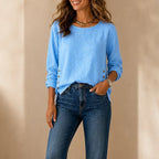 Blue Women's Relaxed-Fit Linen Blend Top with Side-Button Detail & Roll-Tab Sleeves — Lucia
