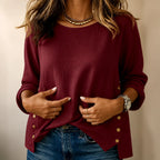 Burgundy Women's Relaxed-Fit Linen Blend Top with Side-Button Detail & Roll-Tab Sleeves