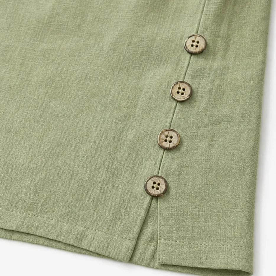 Green Women's Relaxed-Fit Linen Blend Top with Side-Button Detail & Roll-Tab Sleeves — Lucia - Button Detail Hem