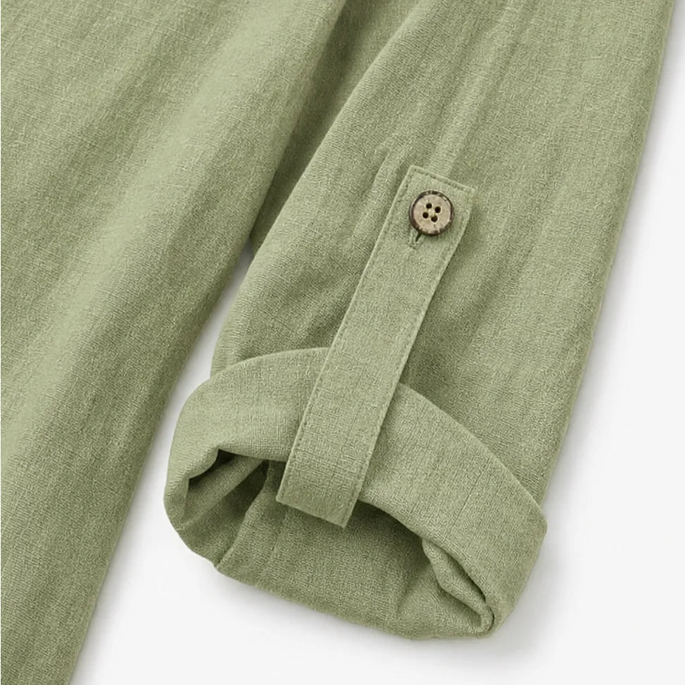 Green Women's Relaxed-Fit Linen Blend Top with Side-Button Detail & Roll-Tab Sleeves — Lucia - Cuff Button Detail