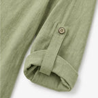 Green Women's Relaxed-Fit Linen Blend Top with Side-Button Detail & Roll-Tab Sleeves — Lucia - Cuff Button Detail