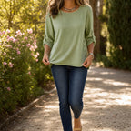 Green Women's Relaxed-Fit Linen Blend Top with Side-Button Detail & Roll-Tab Sleeves — Lucia - Front Walking Garden