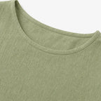 Green Women's Relaxed-Fit Linen Blend Top with Side-Button Detail & Roll-Tab Sleeves — Lucia - Neckline Flat Detail